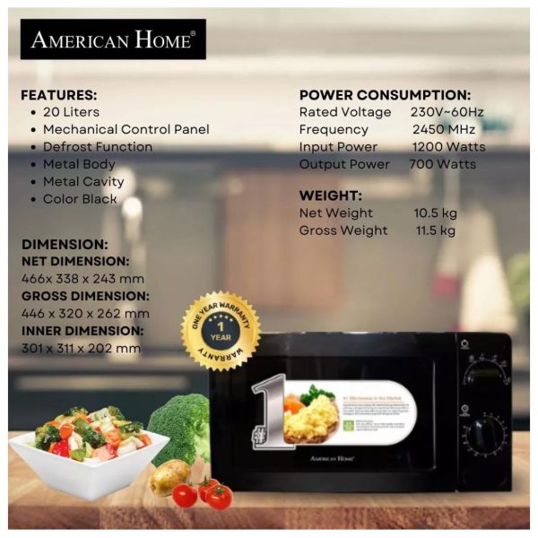 American Home AMW-22B Microwave Oven 20L Mechanical Control Color Black Gray Interior