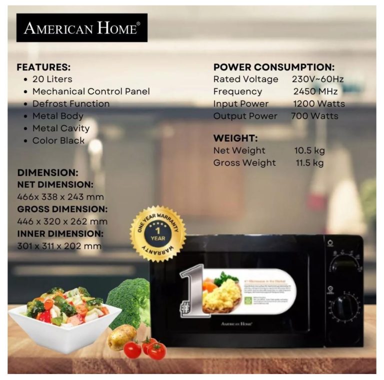 American Home AMW-22B Microwave Oven 20L Mechanical Control Color Black Gray Interior