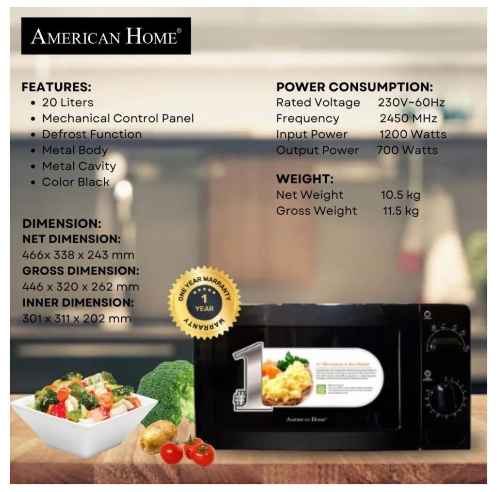 American Home AMW-22B Microwave Oven 20L Mechanical Control Color Black Gray Interior